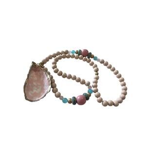 Painted Oyster Shell Pendant Necklace Wood Bead 30” Pastel Coastal Beach Preppy